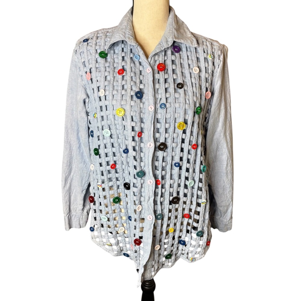 JA Resorts Light Blue Woven Button Up Top Cotton Long Sleeve Womens Large